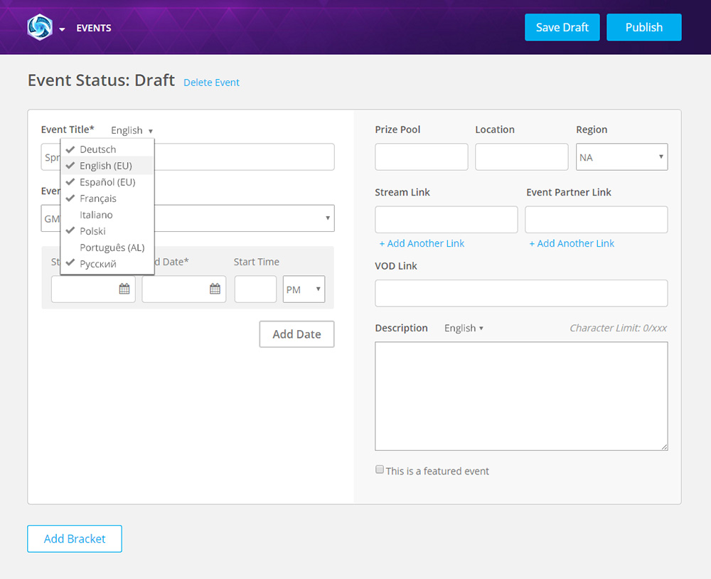 Screenshot of event detail admin tool UI