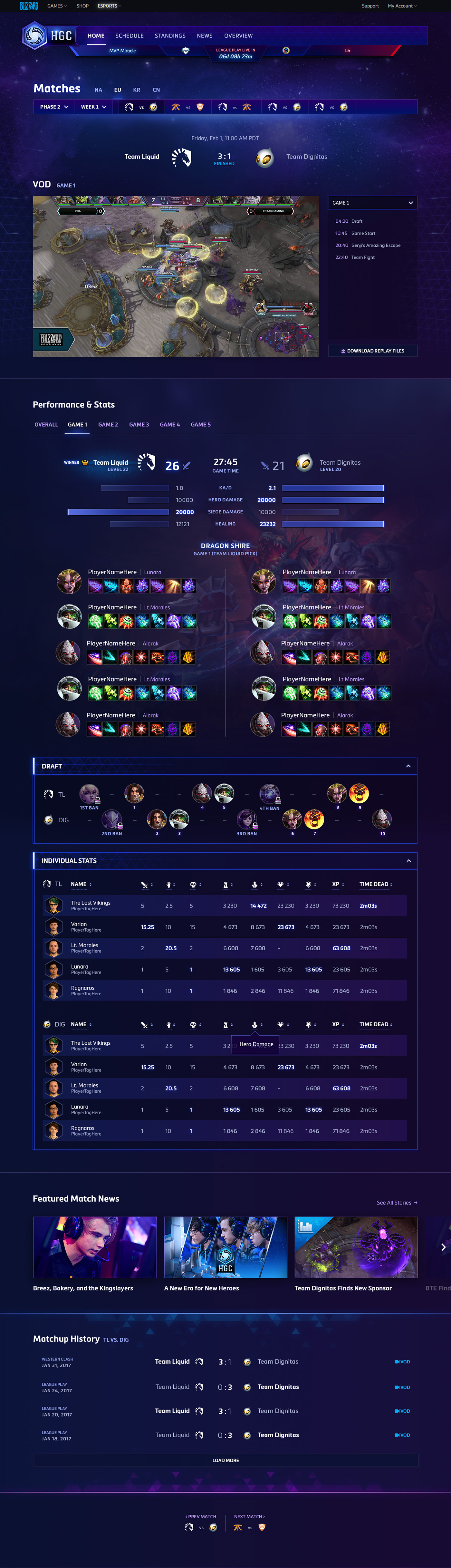 Screenshot of HGC match detail page during live game