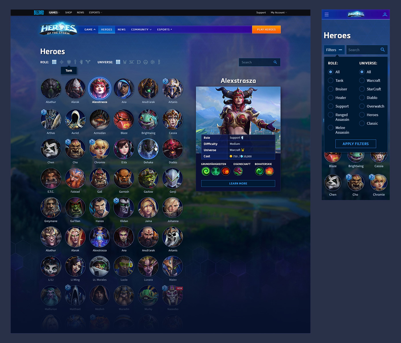 Screenshot of Heroes listing page